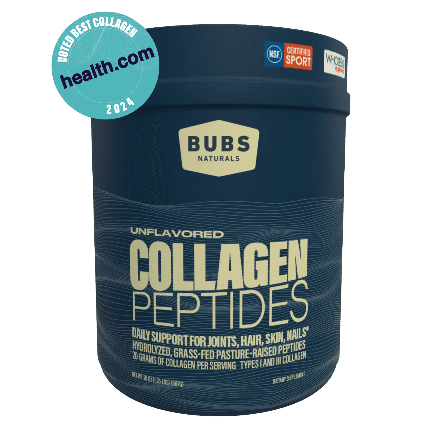 BUBS Naturals Unflavored Collagen Peptides, 20oz tub, front