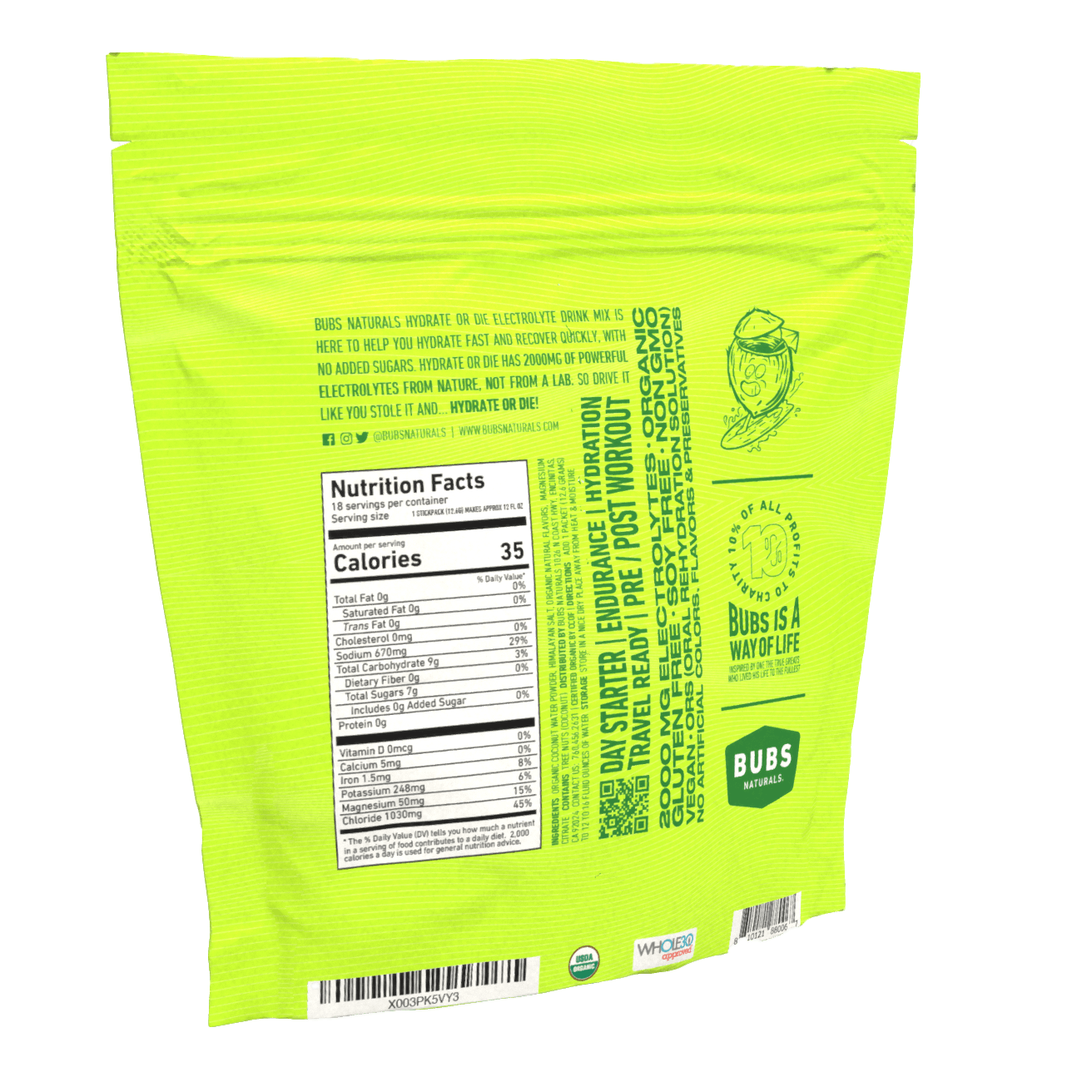 BUBS Naturals Coconut Hydrate or Die 2000mg Electrolyte Sticks, 18 Count Bag, Left Back Nutrition Facts