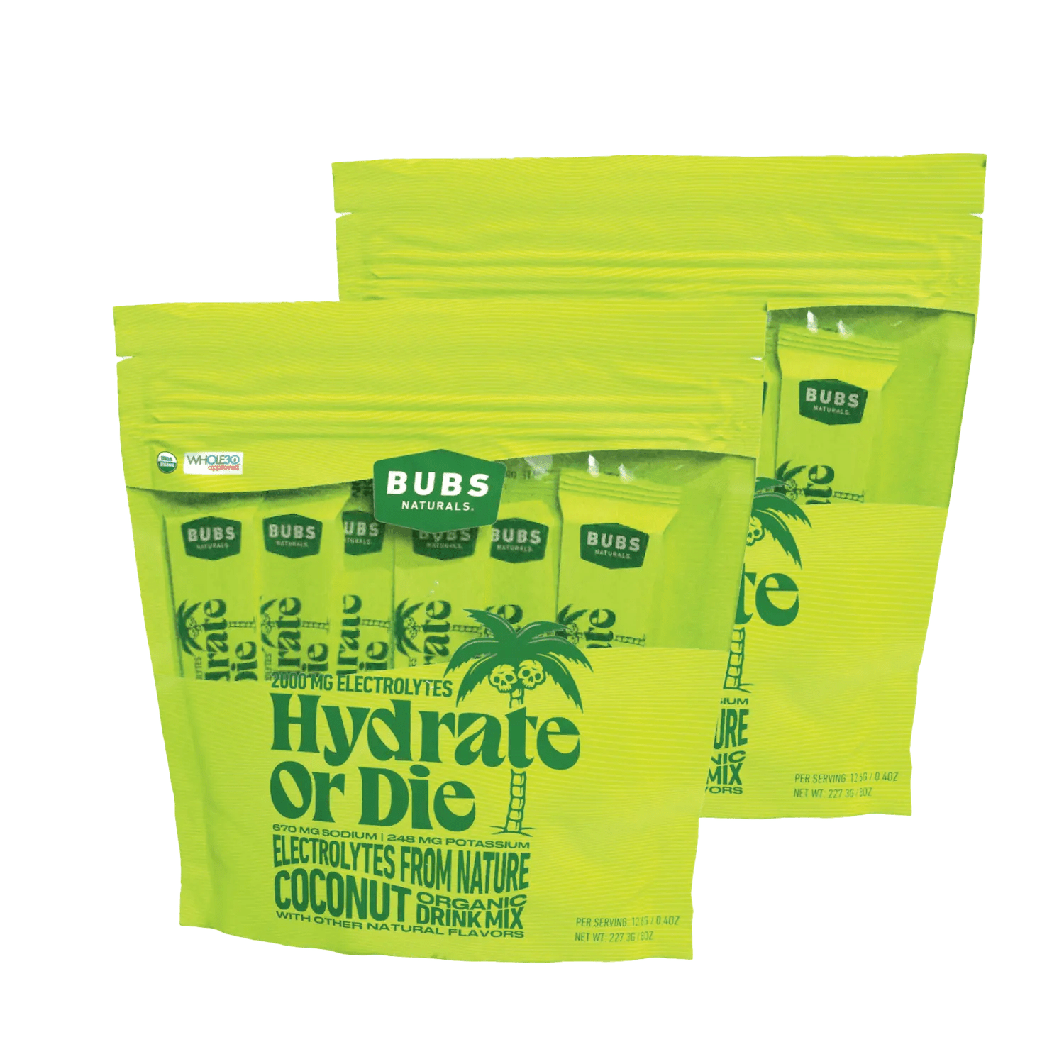 BUBS Naturals Hydrate or Die, 18 count bag, Natural Electrolytes, coconut, bundle of 2
