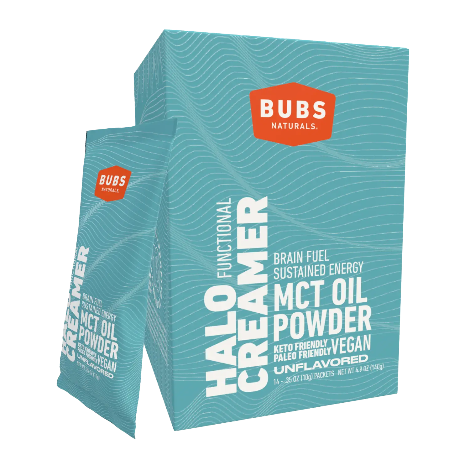 BUBS Naturals MCT Oil Powder, Vegan Halo Functional Creamer, 14ct travel pack, front with stick