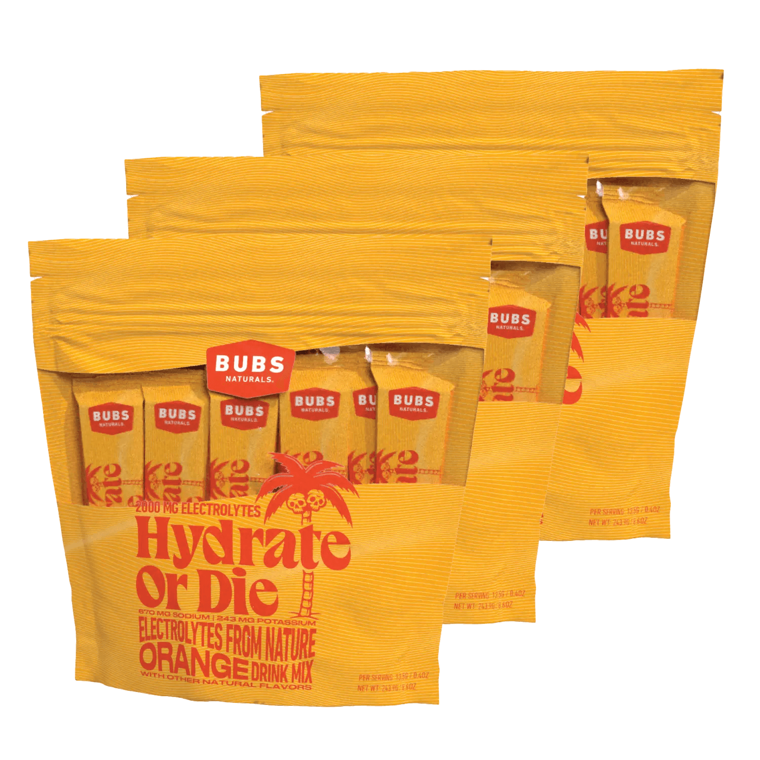 BUBS Naturals Hydrate or Die, 18 count bag, Natural Electrolytes, Orange, bundle of 3