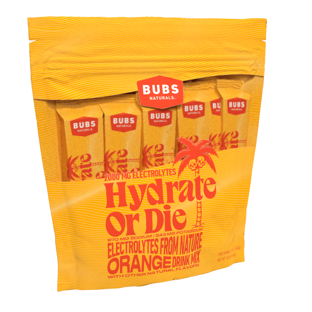 BUBS Naturals Hydrate or Die, 18 count bag,  Natural Electrolytes, Orange, Front left